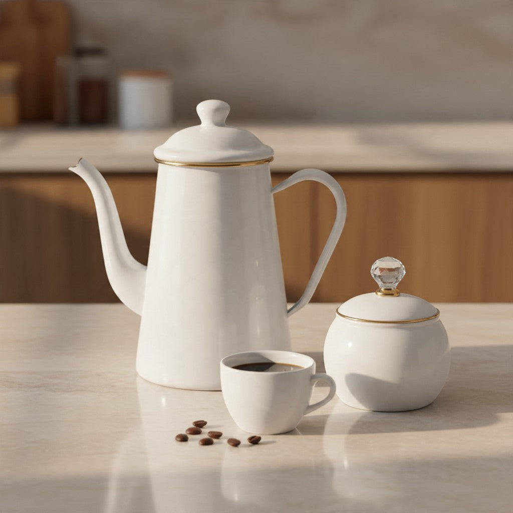 Duo café émaillé : cafetière et sucrier blanc et doré
