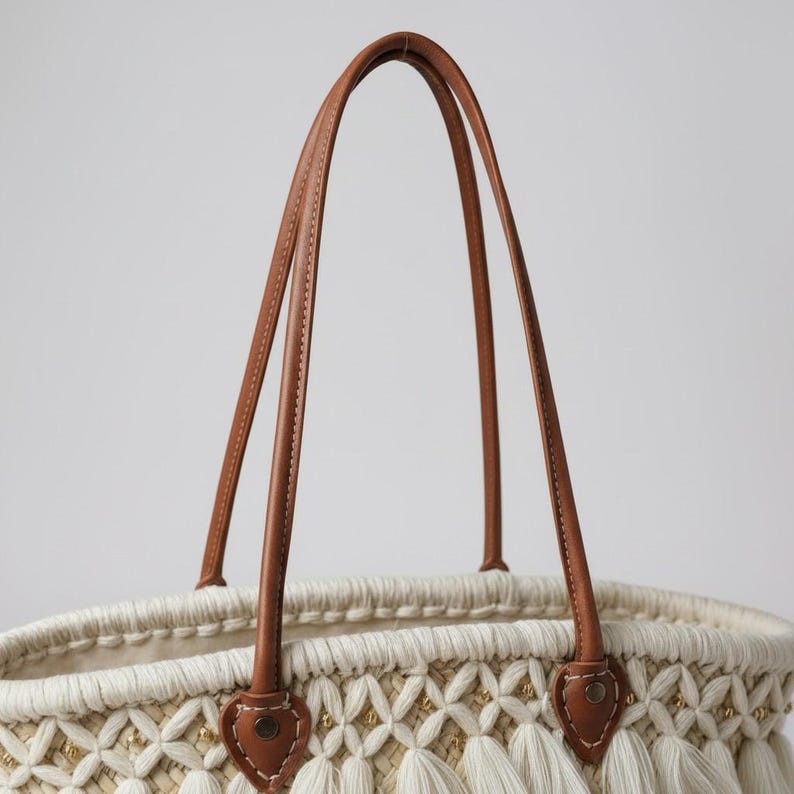 Sac panier en paille avec superposition macramé ivoire