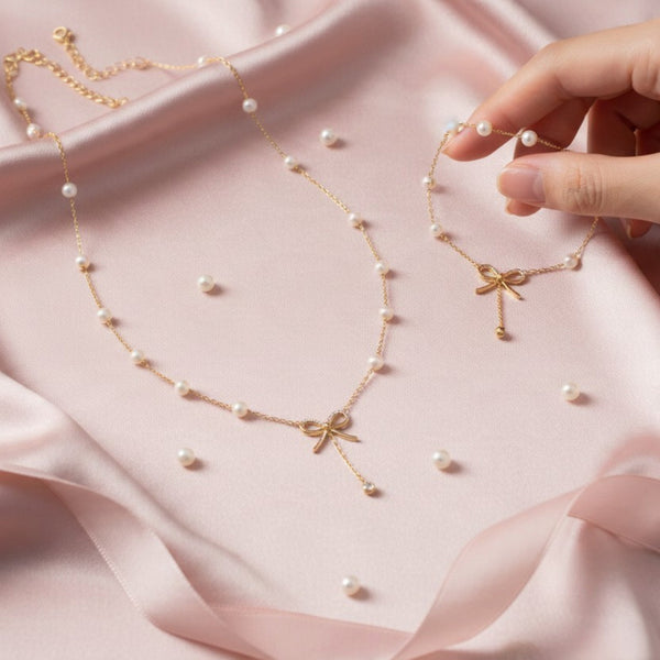 Parure Nœud Ruban & Perles – Collier & Bracelet Acier Inoxydable Doré