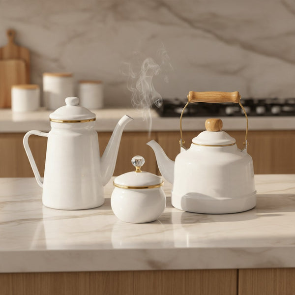 Ensemble émaillé 3 pièces blanc & doré – Bouilloire, cafetière et sucrier