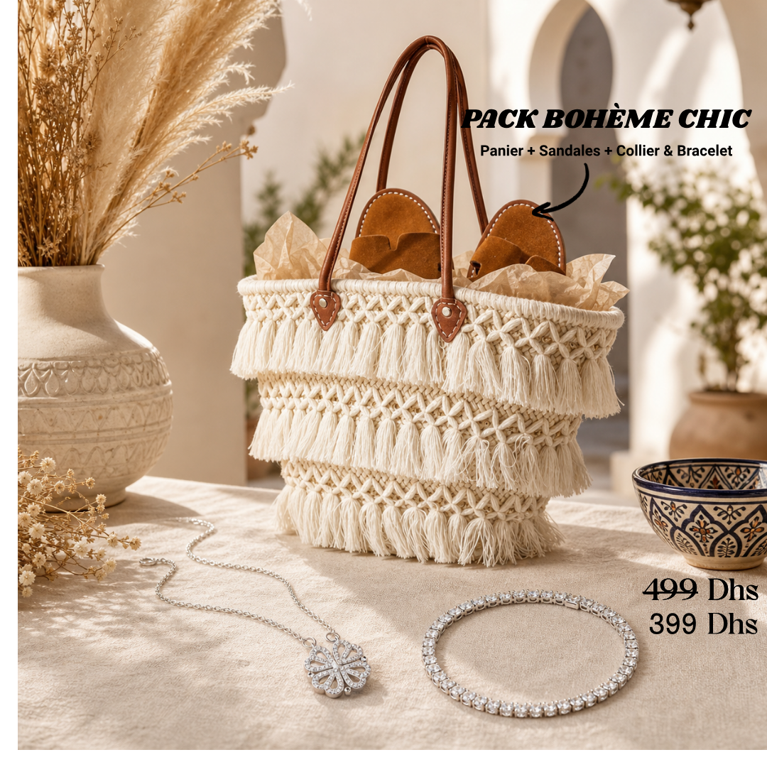 Pack Bohème Chic : Panier & Sandales Artisanales + Coffret Bijoux Trèfle