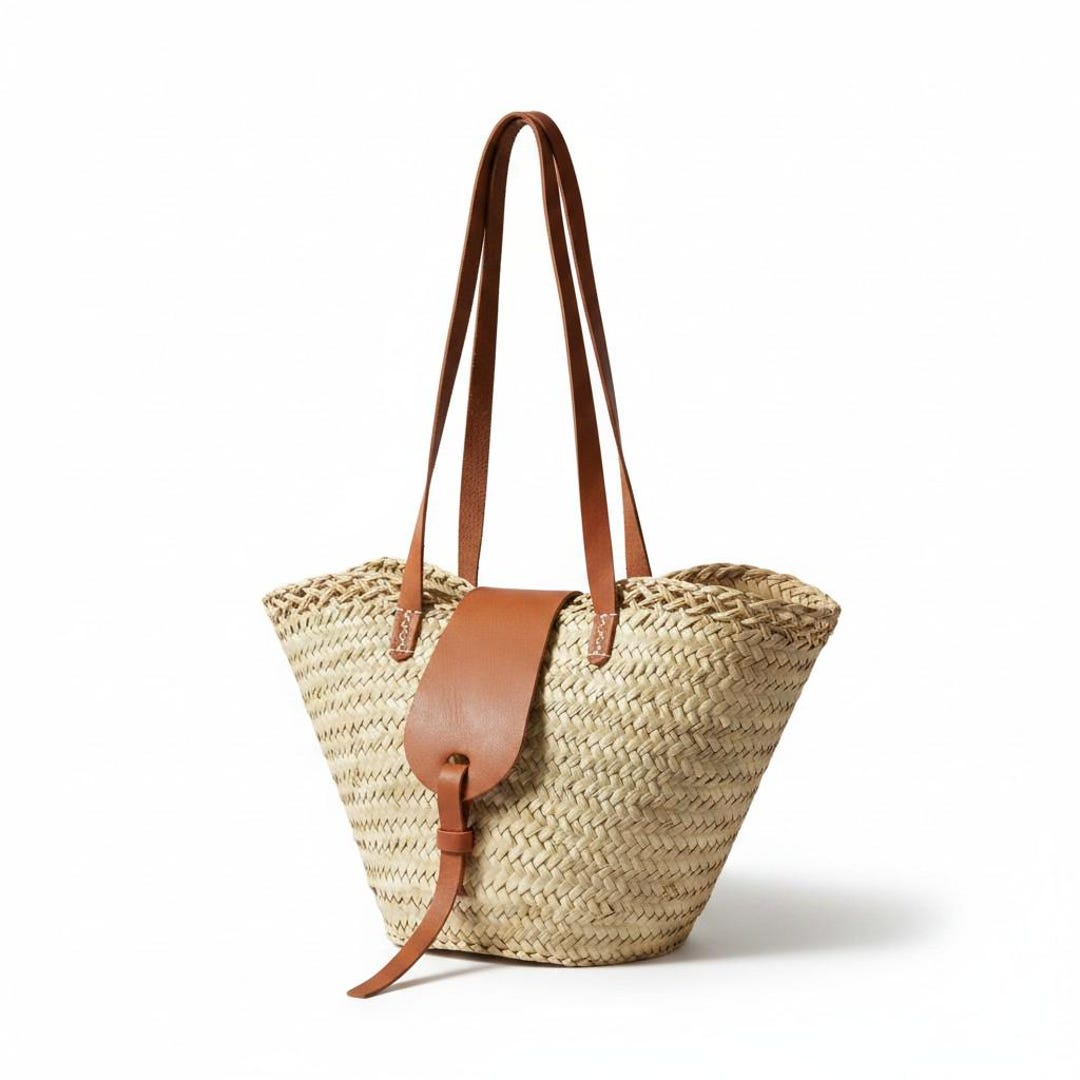 Sac panier en paille avec fermeture en cuir