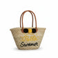 Sac de plage en paille Hello Summer avec pompons noirs et jaunes