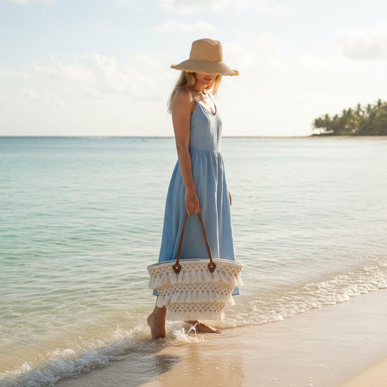 Sac panier en paille macramé - look bohème complet