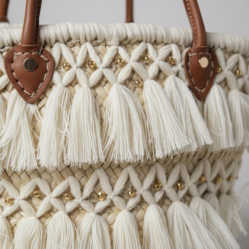 Sac panier en paille tressée avec anses en cuir et perles dorées