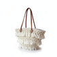 Sac panier en paille macramé avec franges ivoire et perles dorées