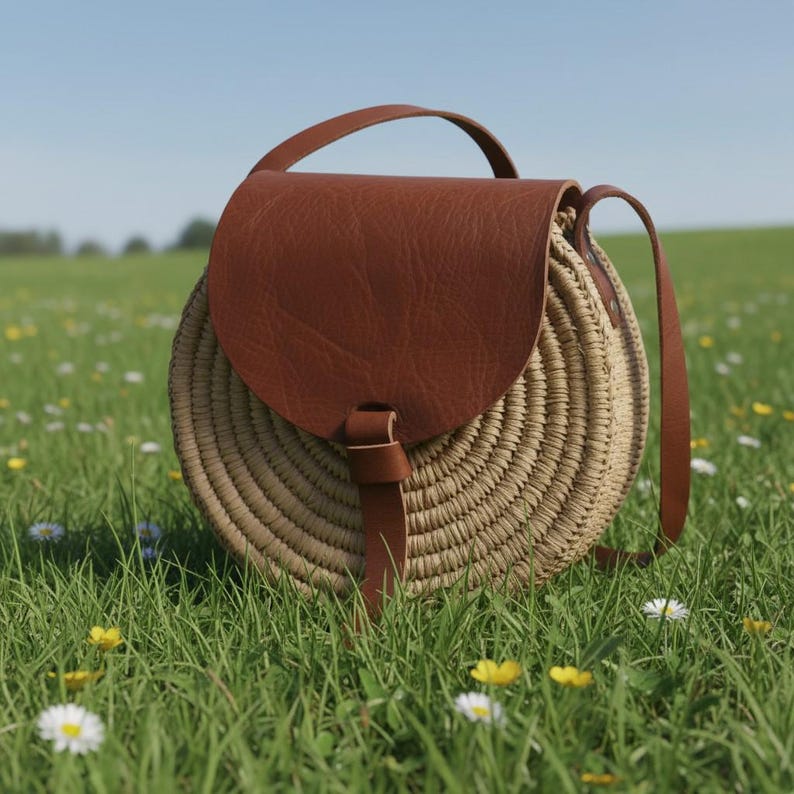 Sac bandoulière rond en paille - vue de face