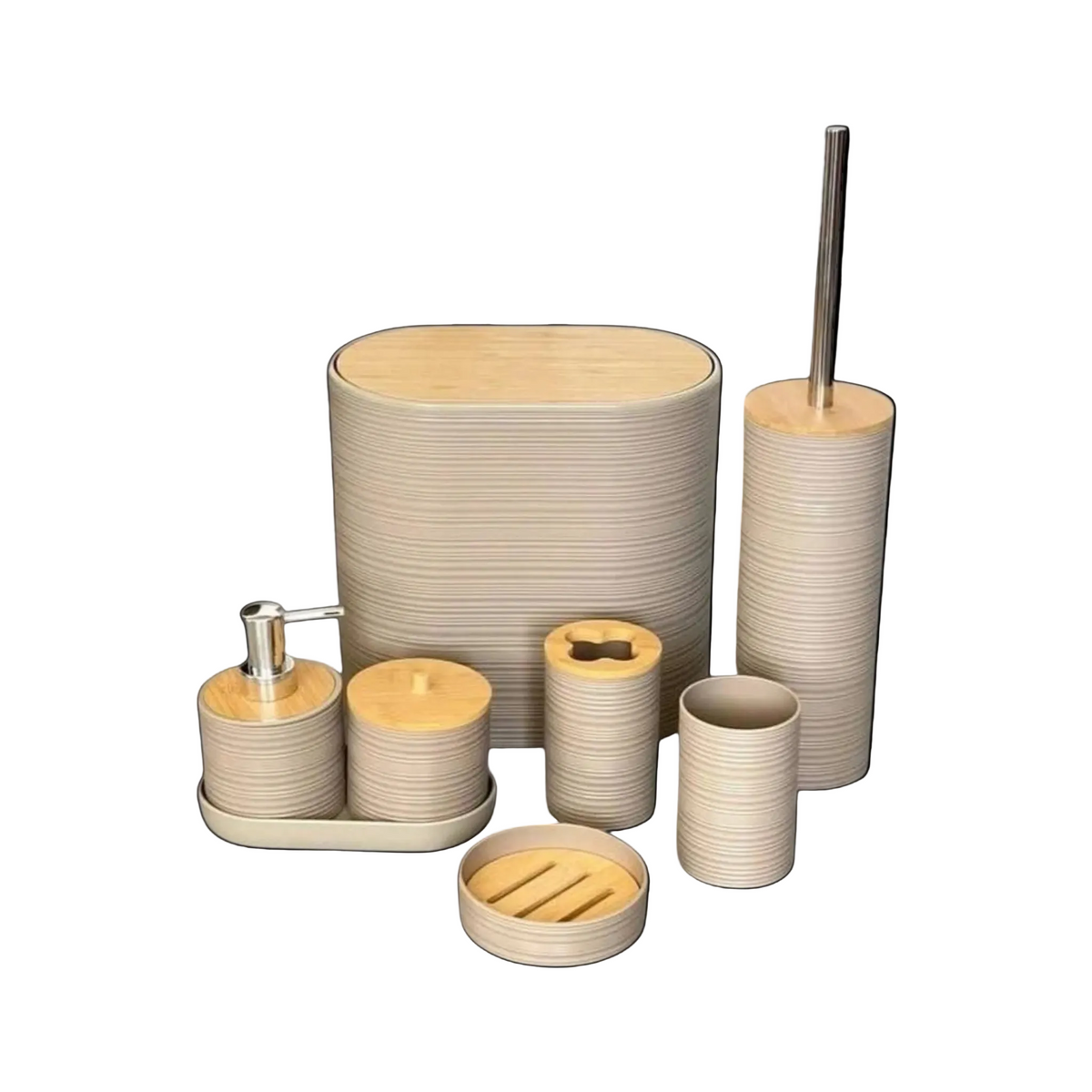 Set Accessoires Salle de Bain Céramique & Bois - 8 Pièces - Beige