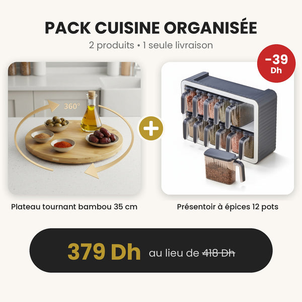 Pack Cuisine Organisée : Plateau Tournant Bambou + Présentoir à Épices 12 Pots