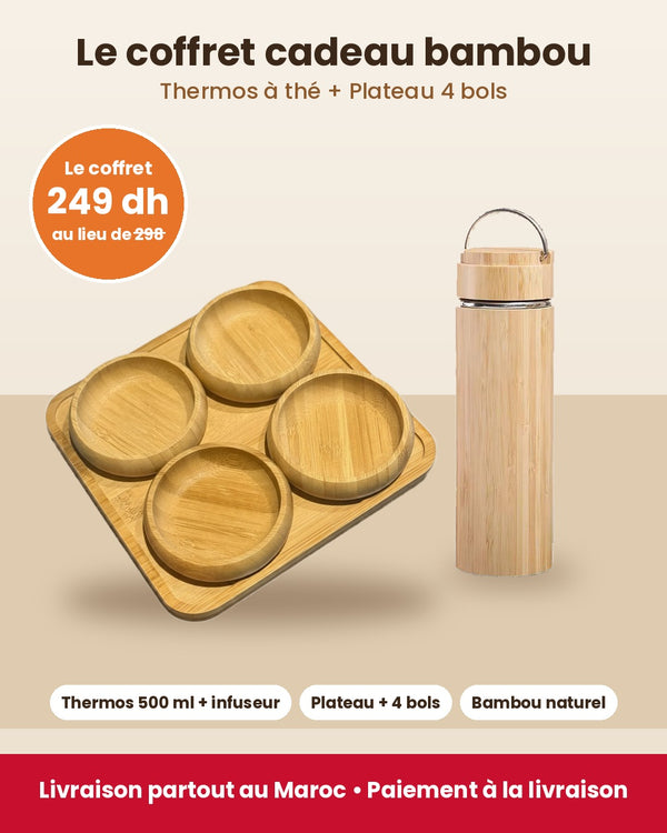 Coffret Cadeau Bambou : Thermos à Thé + Plateau 4 Bols