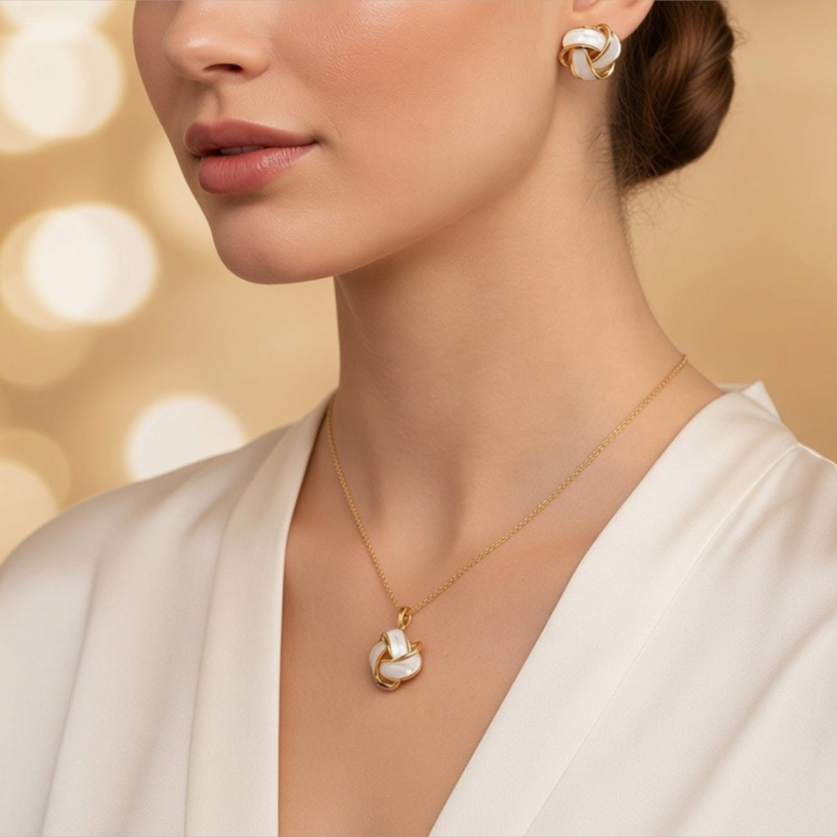 Parure Nœud d'Amour – Collier & Boucles d'Oreilles Acier Inoxydable Doré