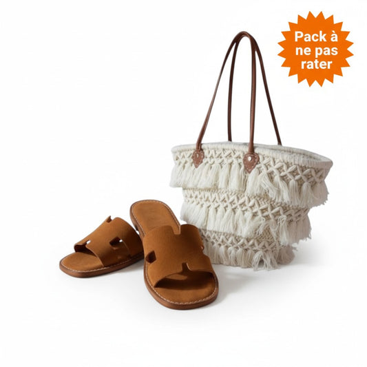 Duo Bohème Panier Tressé & Sandales en Cuir Daim Naturel