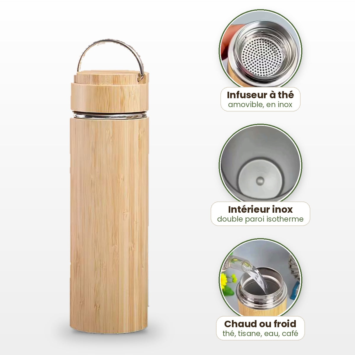 Thermos Bambou 500 ml avec Infuseur à Thé – Inox Double Paroi
