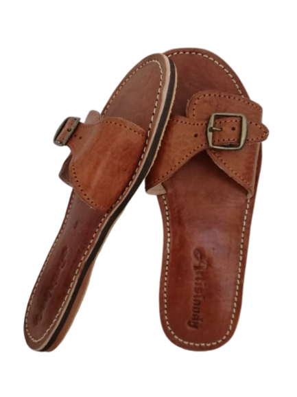 Sandale médicale en cuir naturel marron pour femme, confort quotidien